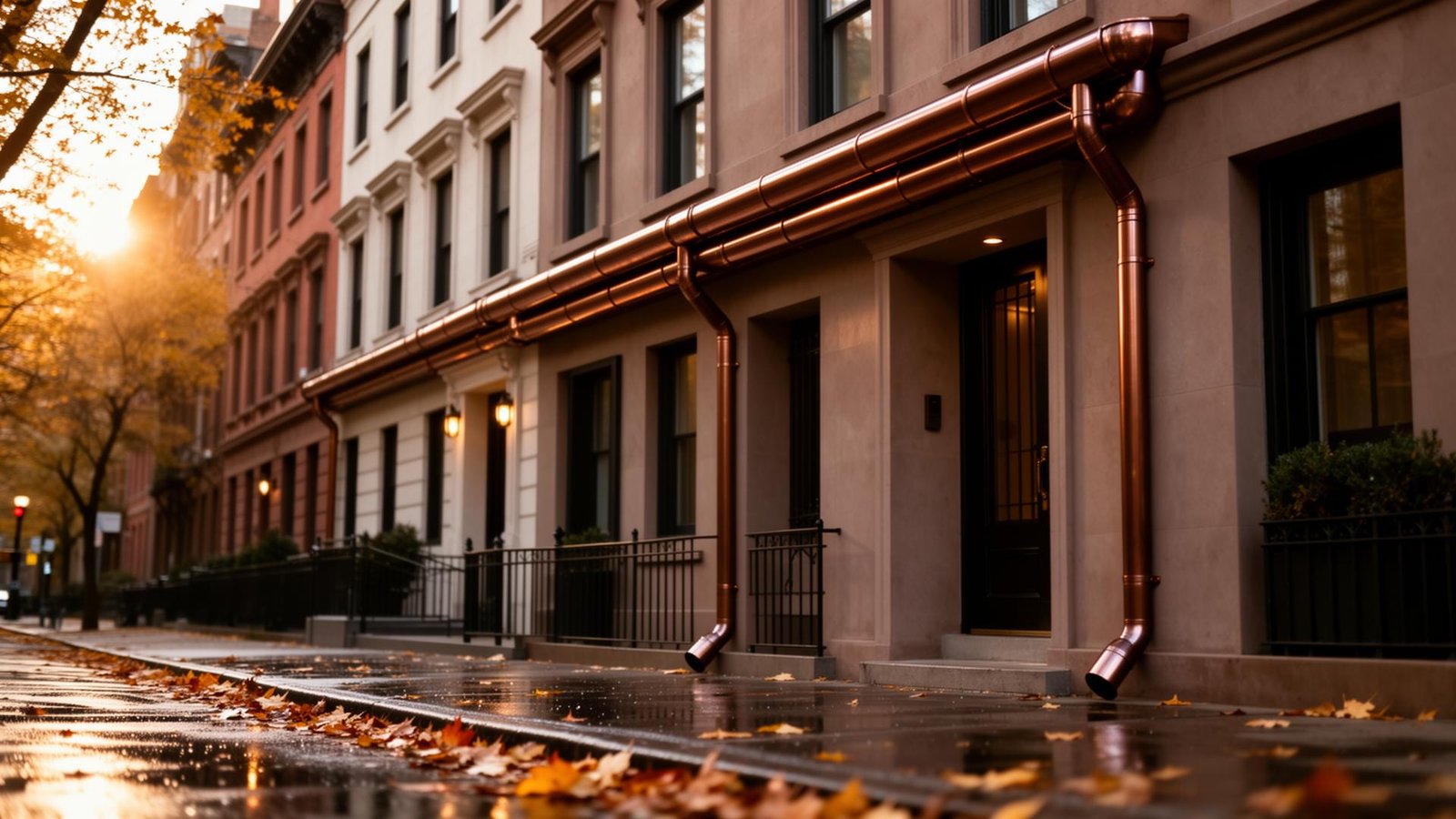 New York brownstone with new copper seamless gutters at golden hour